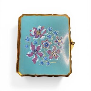 Vintage Stratton Ladies Cigarette Case Floral Blue Enamel and Gold Tone 1950’s